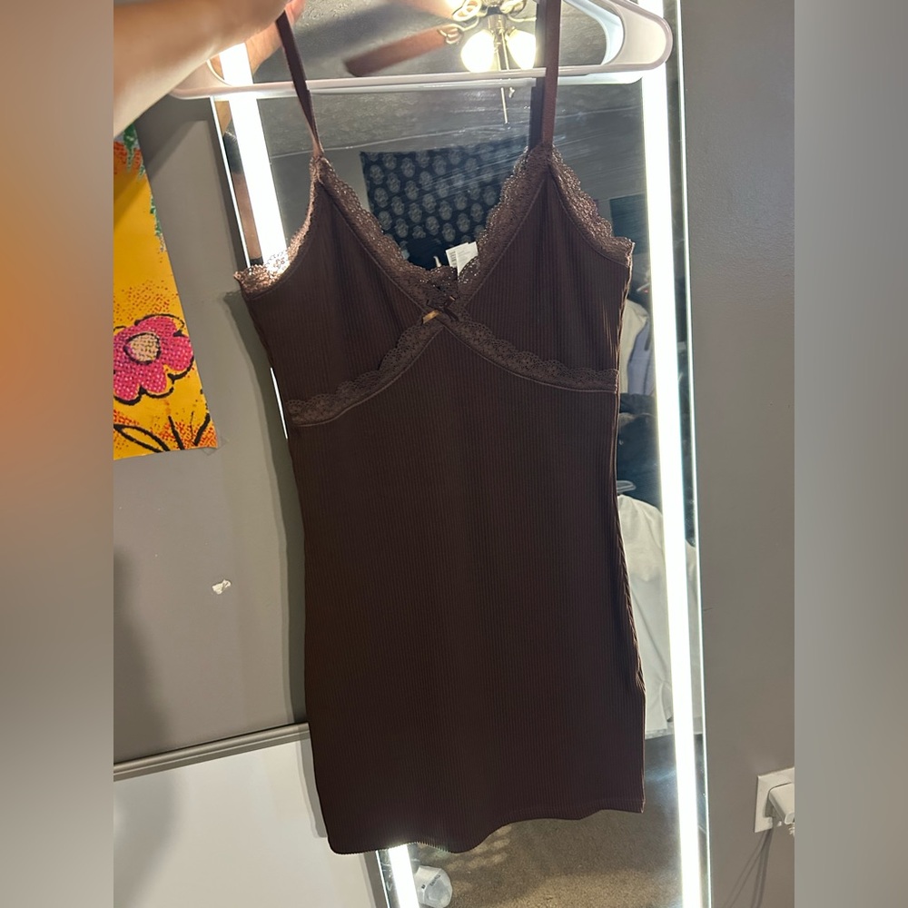 Elegant Brown Lace Trim Slip Dress mini